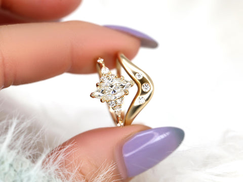 1ct Astrid & Tetra 14kt Gold Diamond Marquise Cluster Wedding Ring Set,Dainty Unique Art Deco Ring,Diamond Engagement Ring,Marquise Ring Set