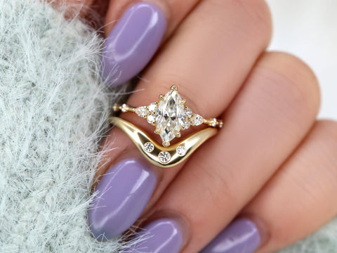 1ct Astrid & Tetra 14kt Gold Diamond Marquise Cluster Wedding Ring Set,Dainty Unique Art Deco Ring,Diamond Engagement Ring,Marquise Ring Set