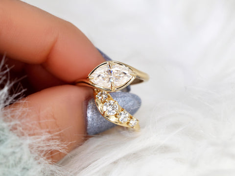 1.50ct Scullie & Mega Saldana 14kt Diamond East West Marquise Solitaire Wedding Ring Set,Marquise Cut Ring,Marquise Diamond Engagement Ring