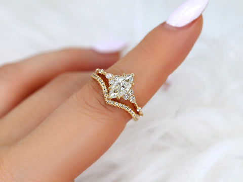 1ct Astrid & Chevy 14kt Gold Diamond Marquise Cluster Wedding Ring Set,Dainty Unique Art Deco Ring,Diamond Engagement Ring,Marquise Ring Set