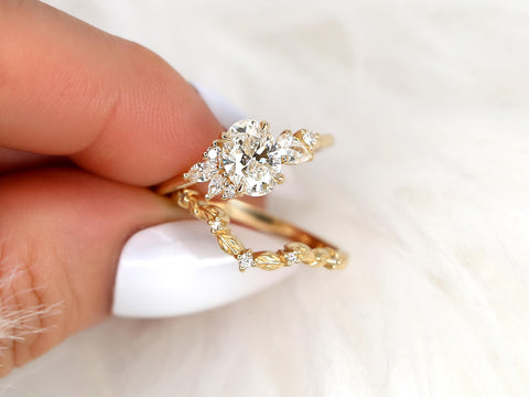 1ct Wisteria & Mega Gaia 14kt Diamond Cluster Bridal Set,Art Deco Floral Engagement Ring Set,Unique Oval Cut Wedding Rings,Anniversary Ring
