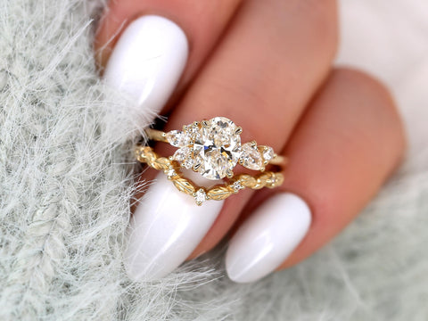 1ct Wisteria & Mega Gaia 14kt Diamond Cluster Bridal Set,Art Deco Floral Engagement Ring Set,Unique Oval Cut Wedding Rings,Anniversary Ring
