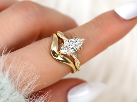 1.50ct Petite Tula 12x6mm & Merida 14kt Diamond Crossover Marquise Bridal Set on pointer finger