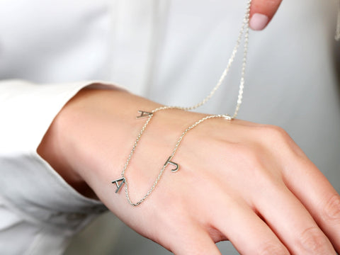 Gold necklace with letter 'A' pendant on a wrist against a neutral background