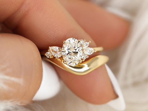 1ct Wisteria & Mabel 14kt Gold Diamond Cluster Bridal Set,Art Deco Floral Engagement Ring Set,Unique Oval Cut Wedding Ring,Anniversary Ring