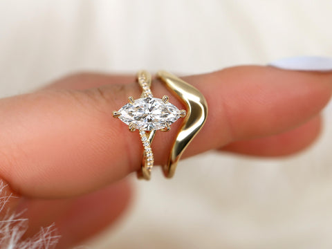 1.50ct Petite Tula 12x6mm & Merida 14kt Diamond Crossover Marquise Bridal Set on pointer finger
