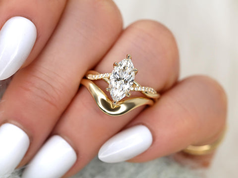 1.50ct Petite Tula 12x6mm & Merida 14kt Diamond Crossover Marquise Bridal Set on ring finger