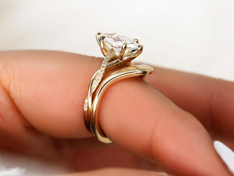 1.50ct Petite Tula 12x6mm & Merida 14kt Diamond Crossover Marquise Bridal Set on finger angle