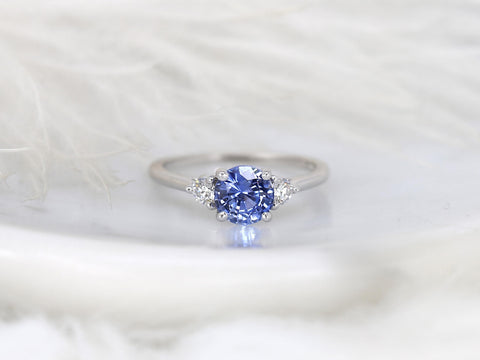 cornflower blue sapphire three stone ring white background front view