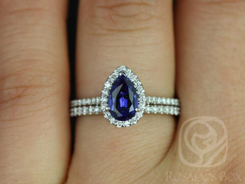 Tabitha 8x5mm 14kt White Gold Blue Sapphire Diamonds Thin Micro Pave Pear Halo Classic Bridal Set