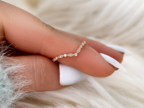 chevron dainty diamond band with vintage detail on finger in rose gold