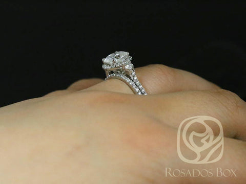 2cts Natalia 9x7mm 14kt Gold Moissanite Diamond Three Stone Oval Halo Bridal Set - Rosados Box