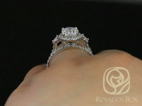 2cts Natalia 9x7mm 14kt Gold Moissanite Diamond Three Stone Oval Halo Bridal Set - Rosados Box