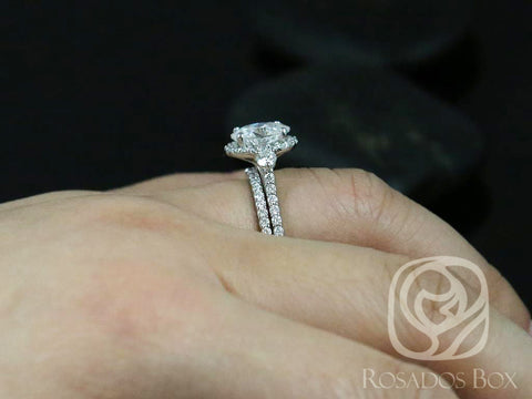 2cts Natalia 9x7mm 14kt Gold Moissanite Diamond Three Stone Oval Halo Bridal Set - Rosados Box