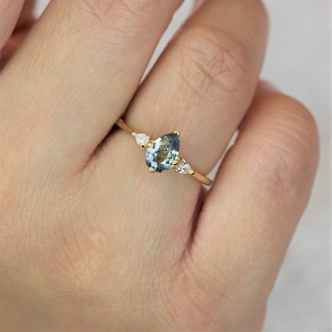 0.85ct Ready to Ship Evette 14kt Solid Gold Chameleon Teal Sapphire Diamond 3 Stone Pear Ring - Rosados Box