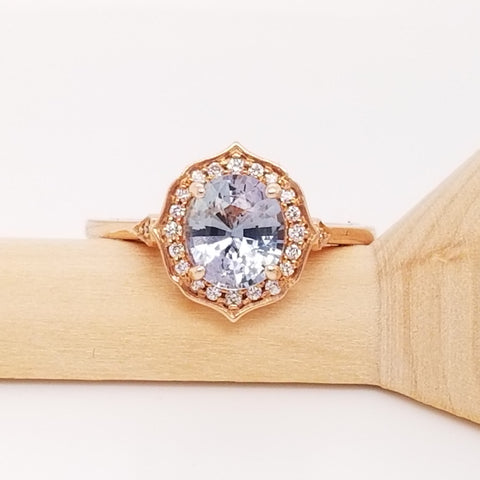 1.51ct Ready to Ship Mae 14kt Rose Gold Oval Icy Lavender Sapphire Diamond Unique Oval Halo Ring - Rosados Box