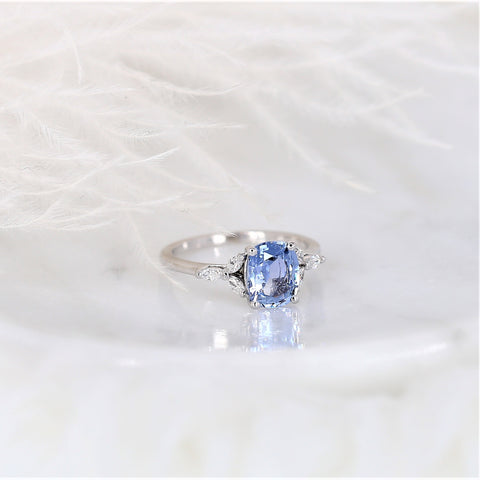 1.77ct Ready to Ship Geneva 14kt White Gold Cornflower Lavender Sapphire Diamond 3 Stone Cushion Cluster Ring - Rosados Box