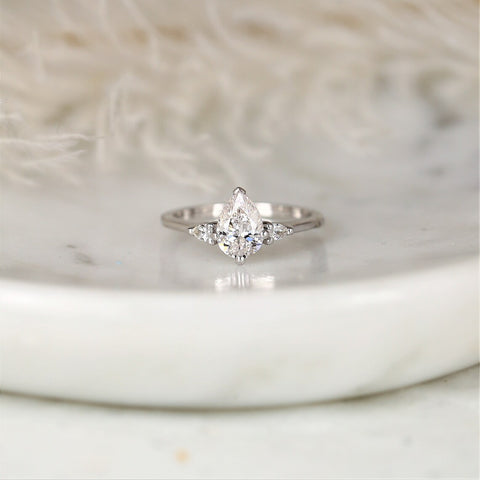 1.00ct Ready to Ship Evette 14kt Gold Diamond Minimalist Dainty Pear 3 Stone Ring - Rosados Box