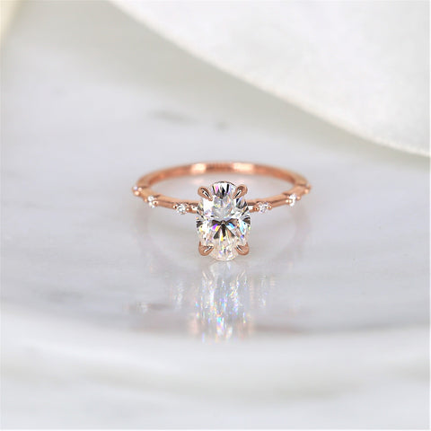 2ct Alix 9x6mm 14kt Gold Moissanite Diamond Ultra Dainty Minimalist Oval Solitaire Ring - Rosados Box