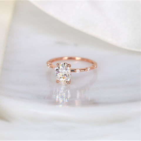 2ct Alix 9x6mm 14kt Gold Moissanite Diamond Ultra Dainty Minimalist Oval Solitaire Ring - Rosados Box