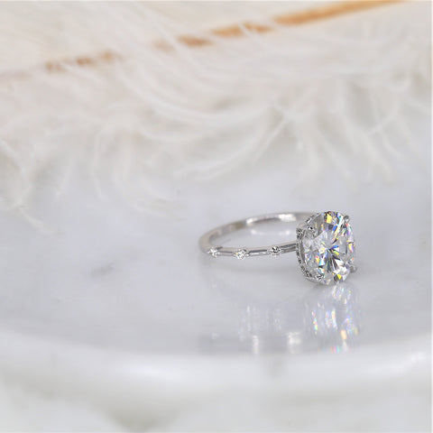 3ct Asher 10x8mm 14kt Gold Moissanite Diamond Unique Hidden Halo Oval Solitaire Ring - Rosados Box