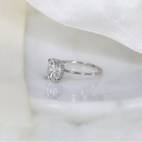3ct Asher 10x8mm 14kt Gold Moissanite Diamond Unique Hidden Halo Oval Solitaire Ring - Rosados Box