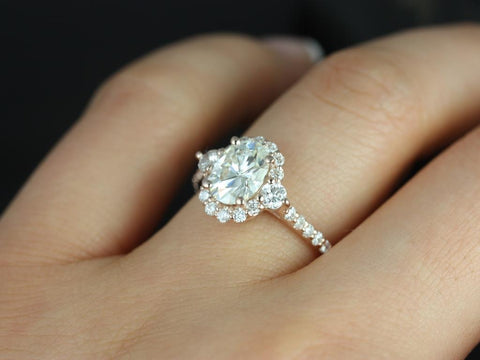 1.50ct Bridgette 8x6mm 14kt Moissanite Diamond Unique Oval Halo Ring - Rosados Box