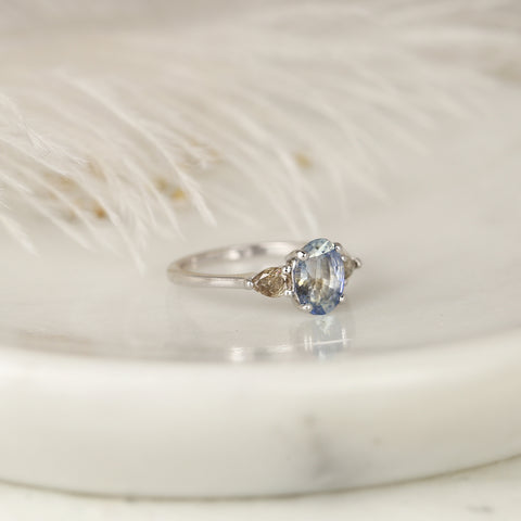 1.50ct Ready to Ship Emery 14kt White Gold Icy Cornflower Blue Sapphire Salt Pepper Diamond Pear 3 Stone Oval Ring - Rosados Box
