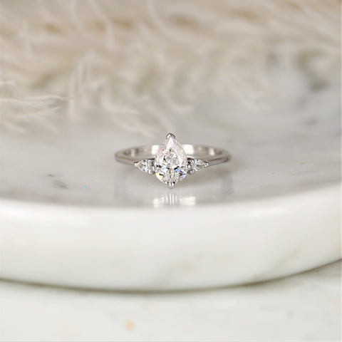 1.00ct Ready to Ship Evette 14kt Gold Diamond Minimalist Dainty Pear 3 Stone Ring - Rosados Box