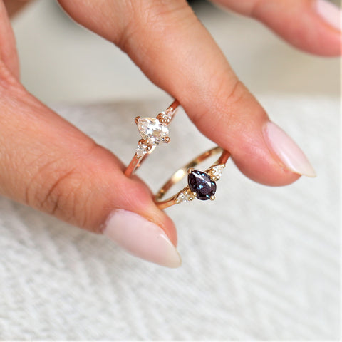 Petite Evette 7x5mm 14kt Gold Alexandrite Diamond Pear Three Stone Ring - Rosados Box