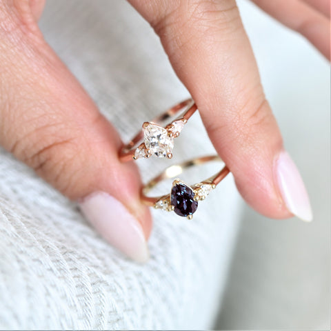 Petite Evette 7x5mm 14kt Gold Alexandrite Diamond Pear Three Stone Ring - Rosados Box