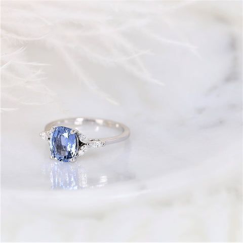 1.77ct Ready to Ship Geneva 14kt White Gold Cornflower Lavender Sapphire Diamond 3 Stone Cushion Cluster Ring - Rosados Box