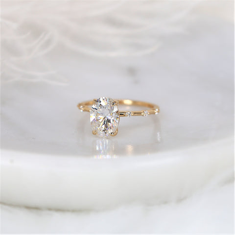 2.50ct Alix 10x7mm 14kt Gold Moissanite Diamond Ultra Dainty Oval Solitaire Ring - Rosados Box