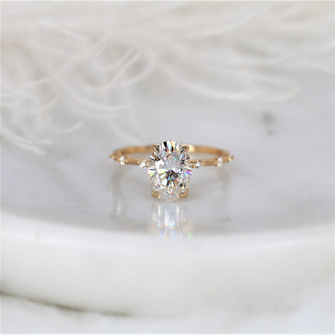 2.50ct Alix 10x7mm 14kt Gold Moissanite Diamond Ultra Dainty Oval Solitaire Ring - Rosados Box