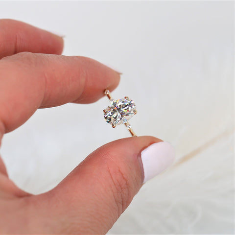 2.50ct Alix 10x7mm 14kt Gold Moissanite Diamond Ultra Dainty Oval Solitaire Ring - Rosados Box