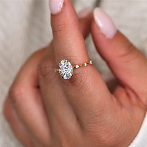 2.50ct Alix 10x7mm 14kt Gold Moissanite Diamond Ultra Dainty Oval Solitaire Ring - Rosados Box