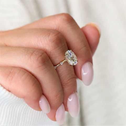 2.50ct Alix 10x7mm 14kt Gold Moissanite Diamond Ultra Dainty Oval Solitaire Ring - Rosados Box