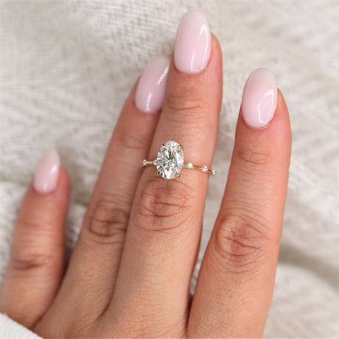 2.50ct Alix 10x7mm 14kt Gold Moissanite Diamond Ultra Dainty Oval Solitaire Ring - Rosados Box
