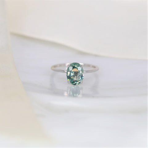 2.45ct Ready to Ship Layla 14kt White Gold Winter Mint Teal Sapphire Dainty Oval Solitaire Ring - Rosados Box