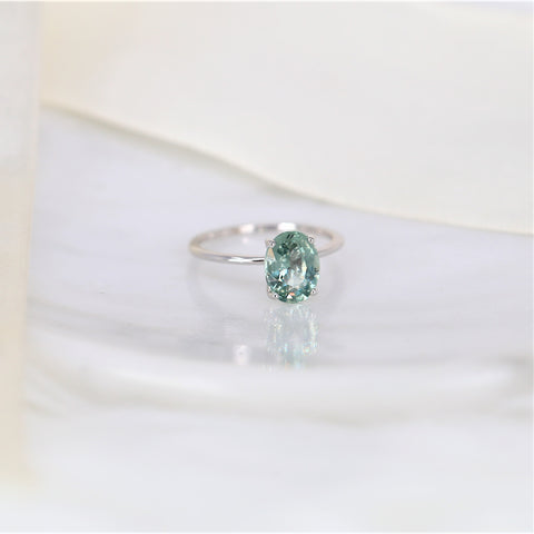 2.45ct Ready to Ship Layla 14kt White Gold Winter Mint Teal Sapphire Dainty Oval Solitaire Ring - Rosados Box