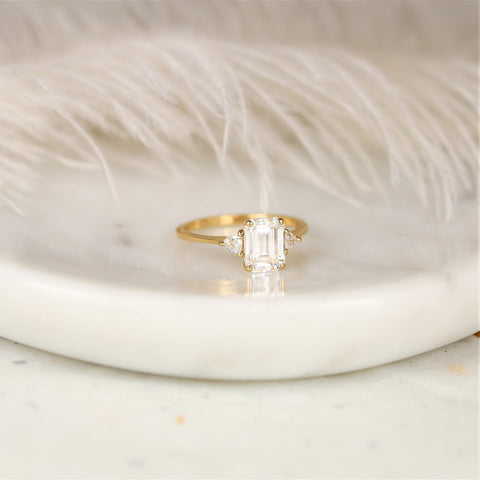 1.75ct Livy 8x6mm 14kt Gold Moissanite Emerald Trillion Three Stone Ring - Rosados Box