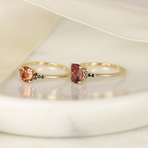 1.04ct Ready to Ship Malia 14kt Yellow Gold Flamed Tangerine Red Sapphire Black Diamonds Dainty Round Cluster Ring - Rosados Box