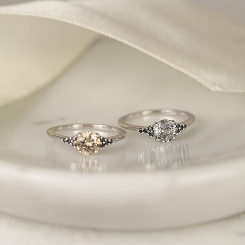 1ct Ready to Ship Malia 14kt White Gold Silver Grey Zircon Black Diamonds Cluster Ring - Rosados Box