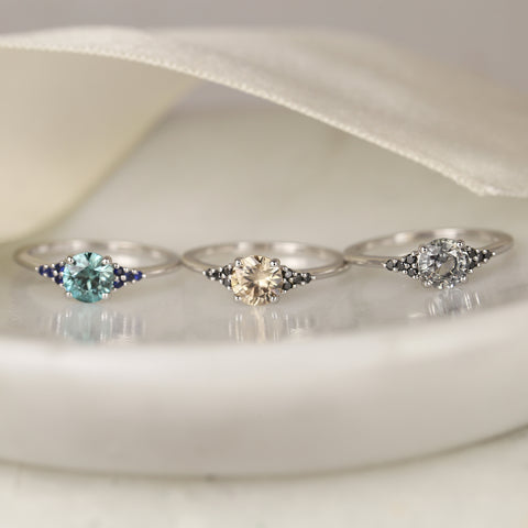 1ct Ready to Ship Malia 14kt White Gold Silver Grey Zircon Black Diamonds Cluster Ring - Rosados Box