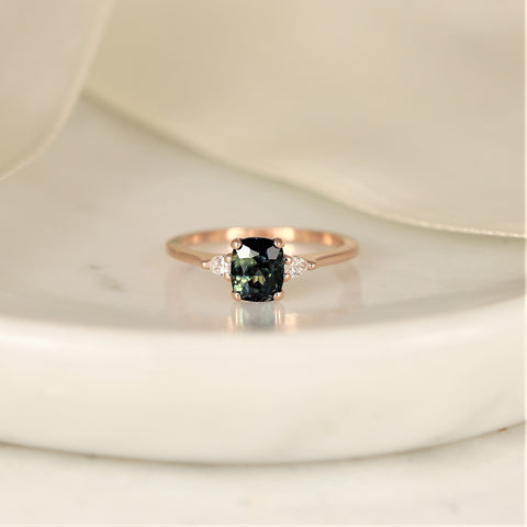1.47ct Ready to Ship Petite Ellis 14kt Gold Bi-Color Moss Teal Sapphire Diamond Elongated Cushion 3 Stone Ring - Rosados Box