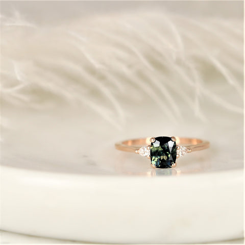 1.47ct Ready to Ship Petite Ellis 14kt Gold Bi-Color Moss Teal Sapphire Diamond Elongated Cushion 3 Stone Ring - Rosados Box