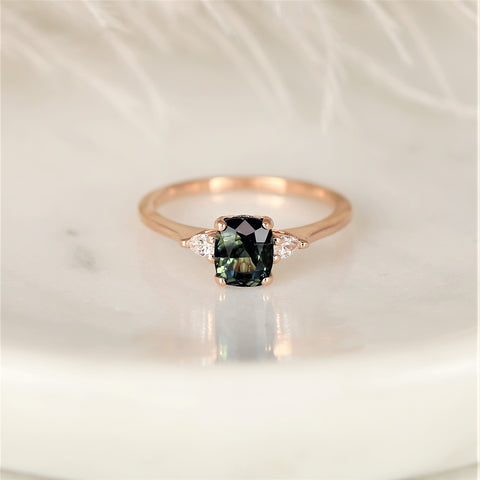 1.47ct Ready to Ship Petite Ellis 14kt Gold Bi-Color Moss Teal Sapphire Diamond Elongated Cushion 3 Stone Ring - Rosados Box