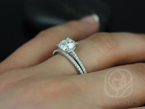 1.30cts Marcelle 6.5mm 14kt White Gold Moissanite Diamond Dainty Cathedral Cushion Bridal Set - Rosados Box