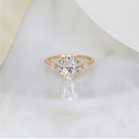 2.50ct Petite Thea 10x7mm 14kt Gold Moissanite Diamonds Cluster Ring - Rosados Box