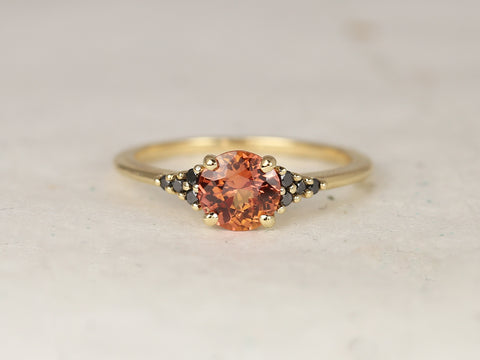 1.04ct Ready to Ship Malia 14kt Yellow Gold Flamed Tangerine Red Sapphire Black Diamonds Dainty Round Cluster Ring - Rosados Box